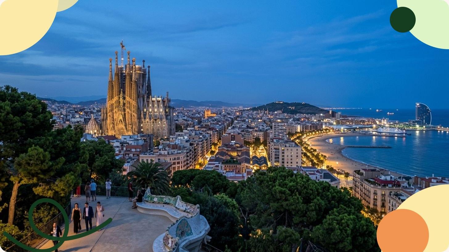 Vista aérea de Barcelona con la Sagrada Família y los tejados del Eixample bajo un cielo azul mediterráneo