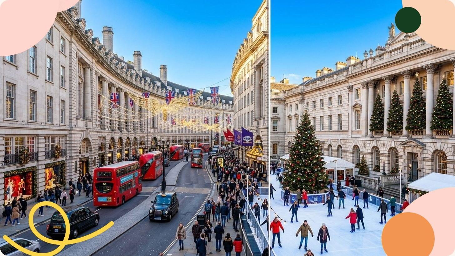 Rue londonienne illuminée de guirlandes de Noël bleues la nuit, avec bus rouge à impériale en circulation