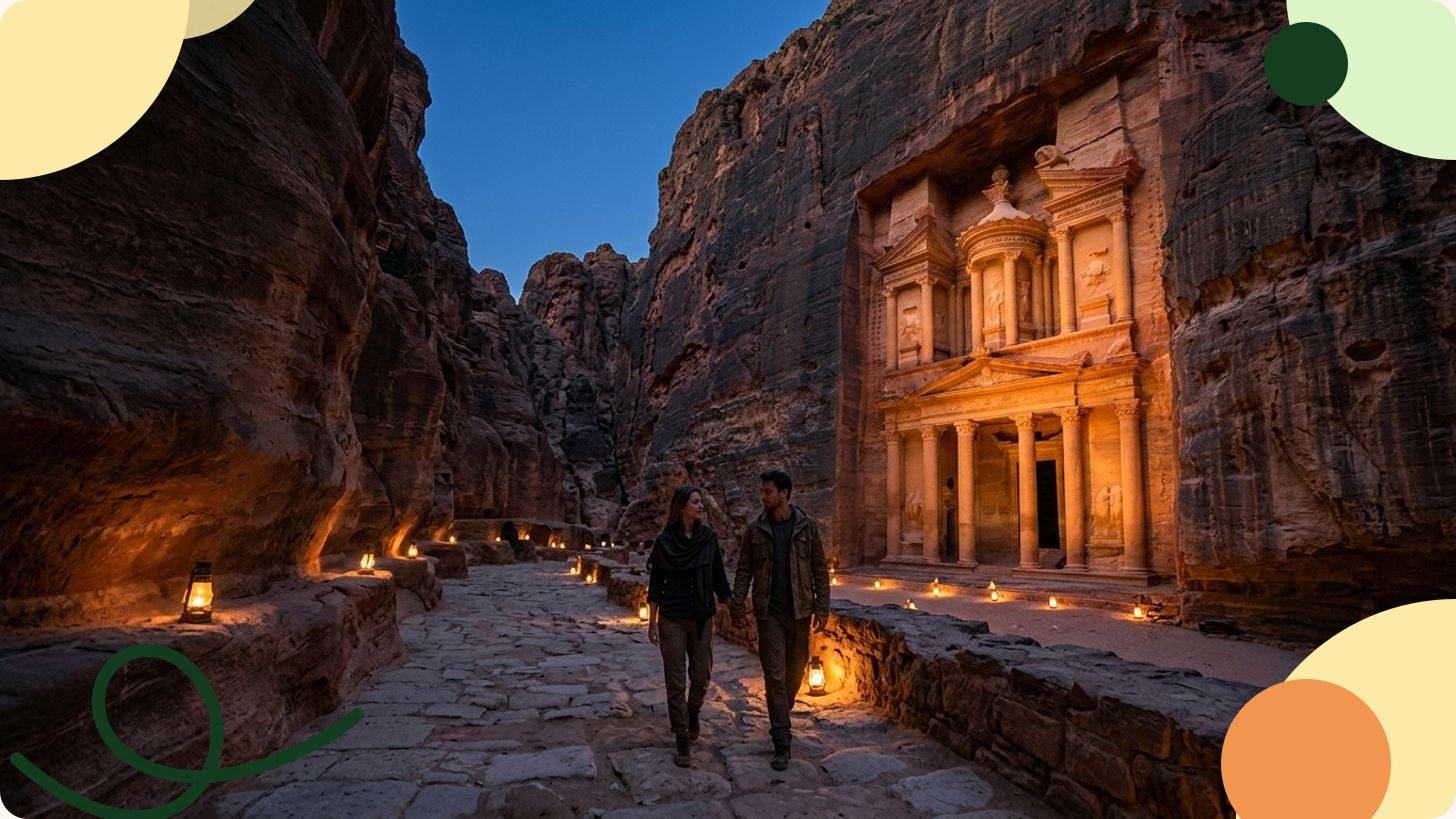 Vue aérienne d'un temple nabatéen sculpté dans la falaise rose de Pétra, entouré de touristes dans la vallée, Jordanie