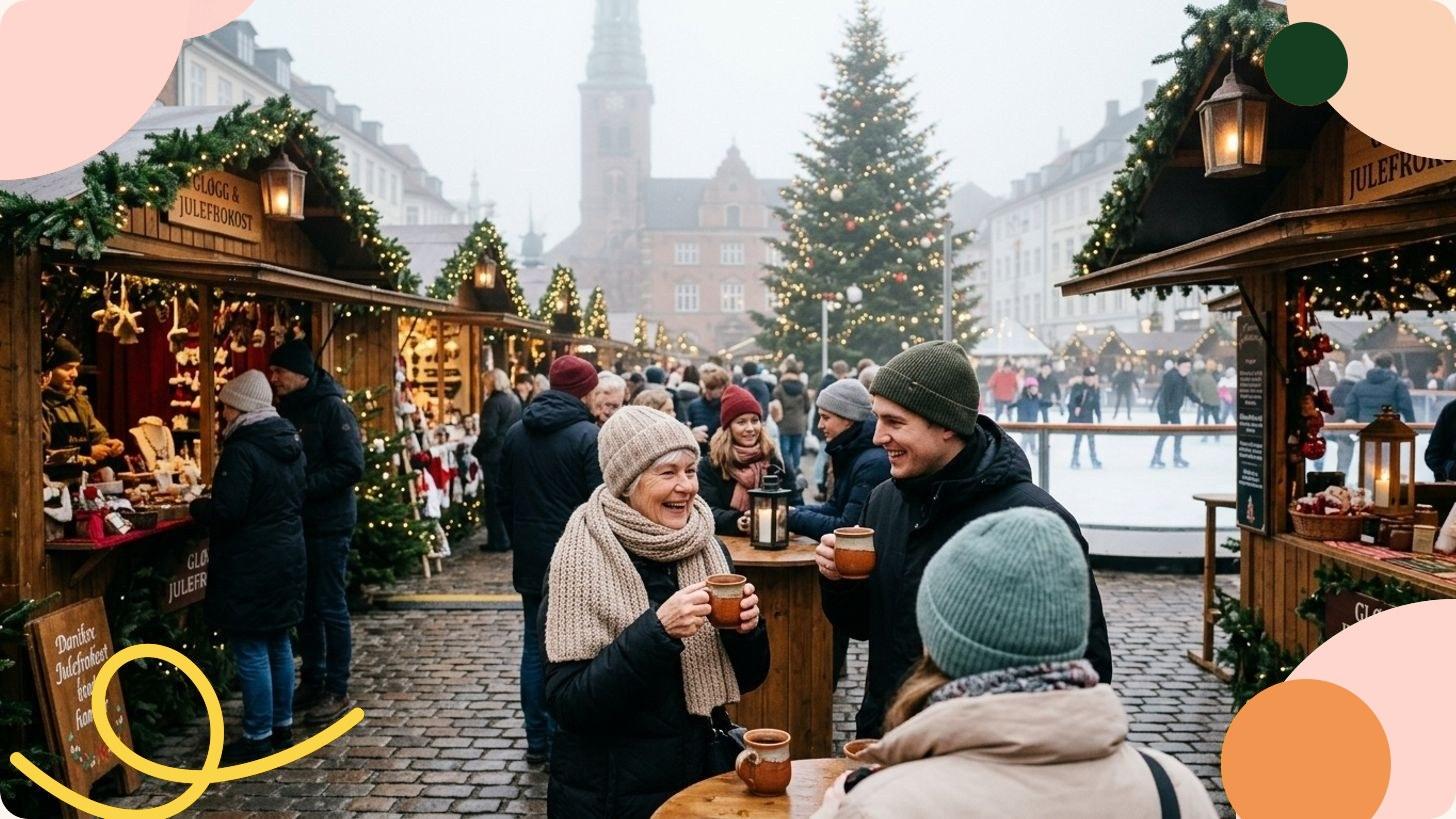 Canal de Nyhavn à Copenhague illuminé de guirlandes dorées en décembre, avec bateaux traditionnels et façades colorées