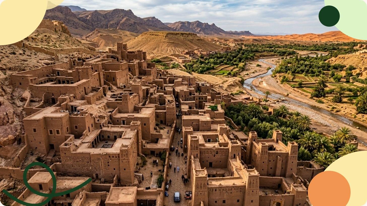 Vue aérienne d'une médina marocaine animée avec marché, bâtiments ocre et foule de visiteurs au coucher du soleil