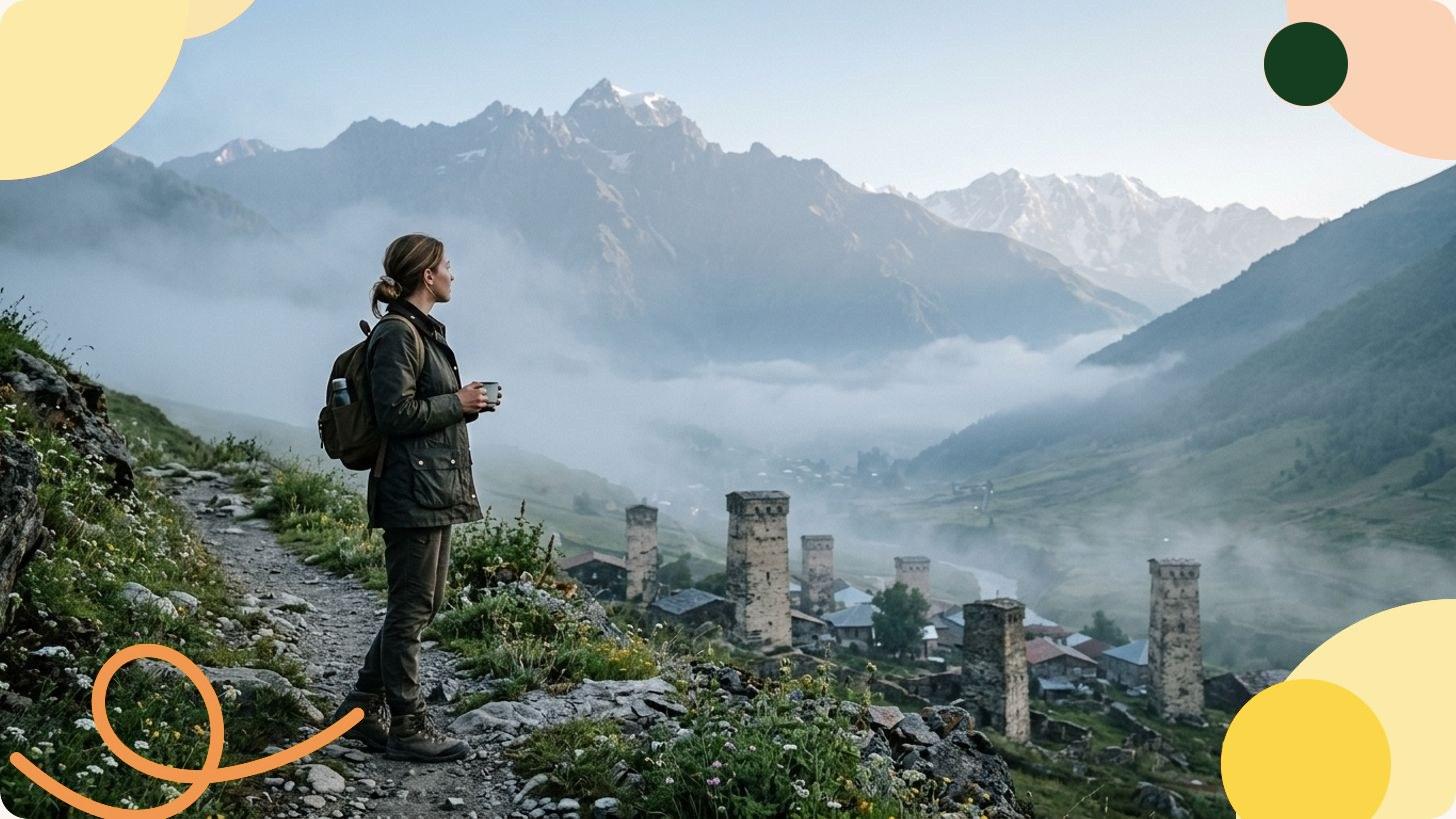 Voyageur contemplant un lac de montagne turquoise entouré de sommets enneigés, yourte traditionnelle au premier plan