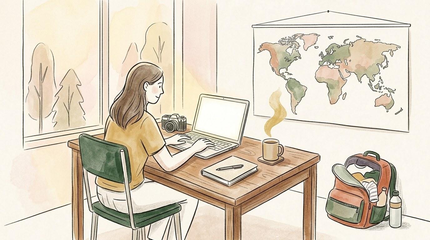 Content creator di viaggi che scrive un articolo sul suo laptop