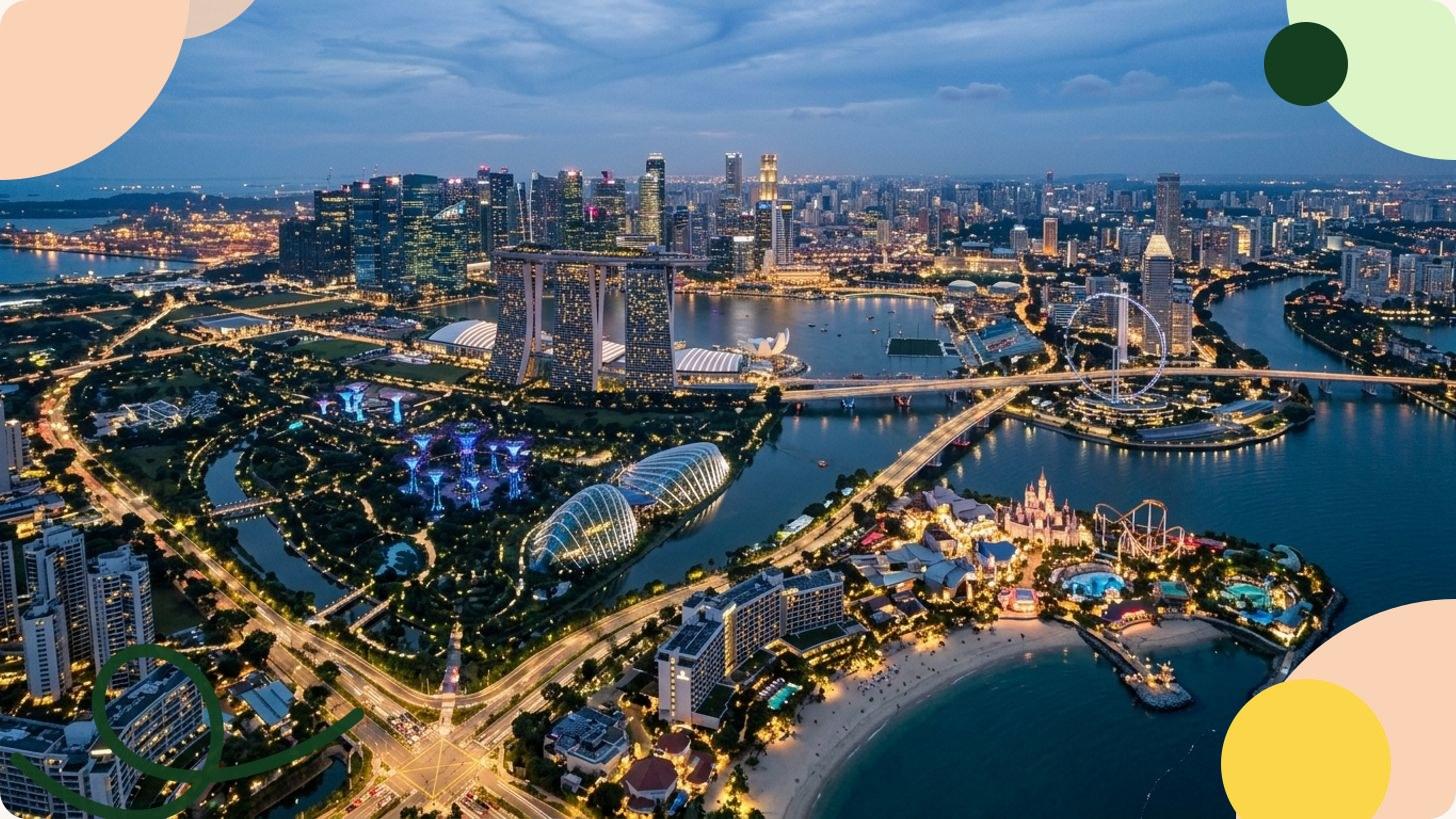 Vue aérienne du complexe Marina Bay Sands à Singapour avec ses trois tours reliées par une plateforme au-dessus de la baie