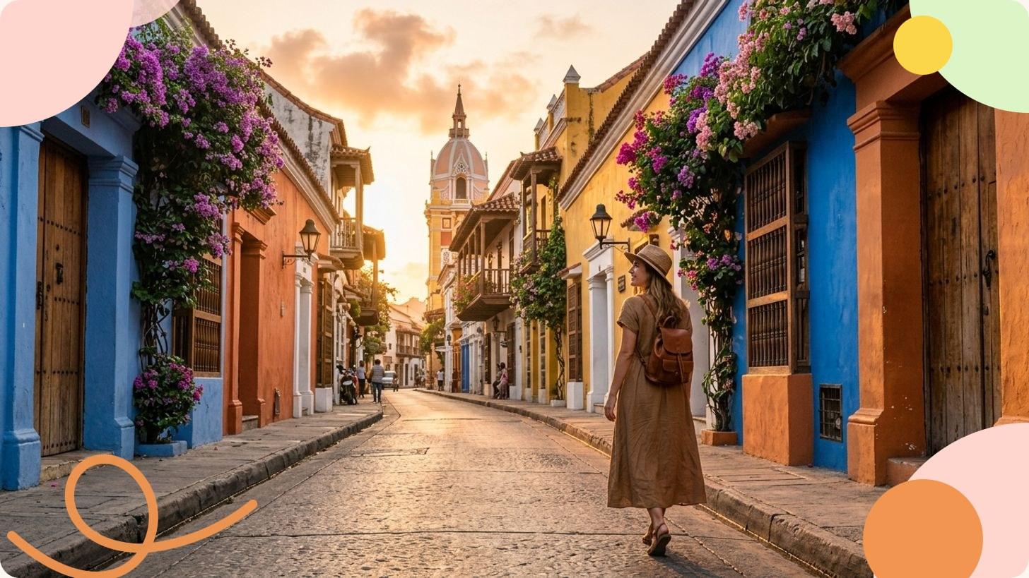 Rue coloniale colorée aux façades jaunes et rouges avec balcons en bois, fleurs magenta et architecture hispanique à Cartagena, Colombie
