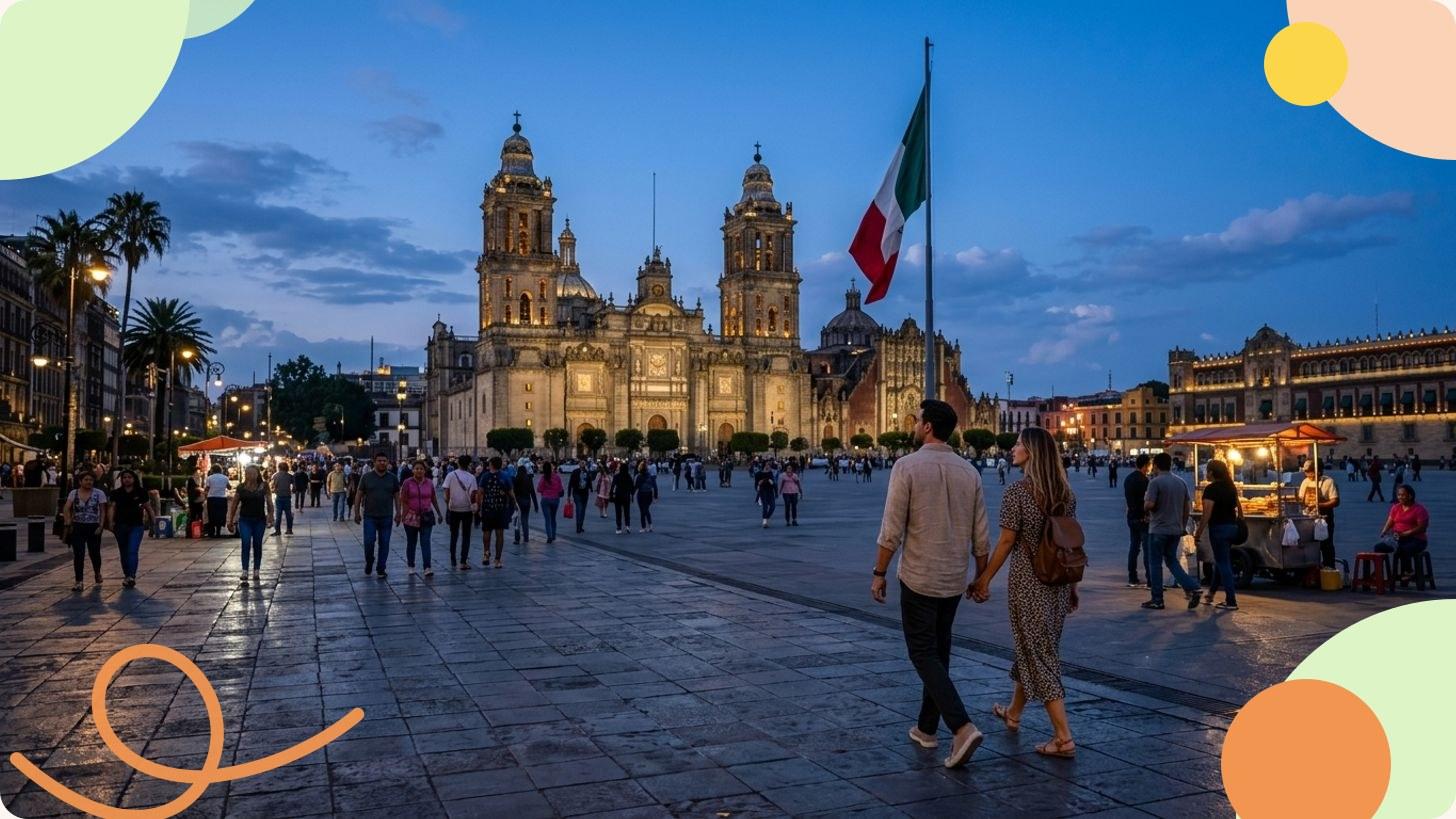 Die Metropolitankathedrale und der Zócalo von Mexiko City, von der Plaza aus unter wolkenlosem Himmel fotografiert