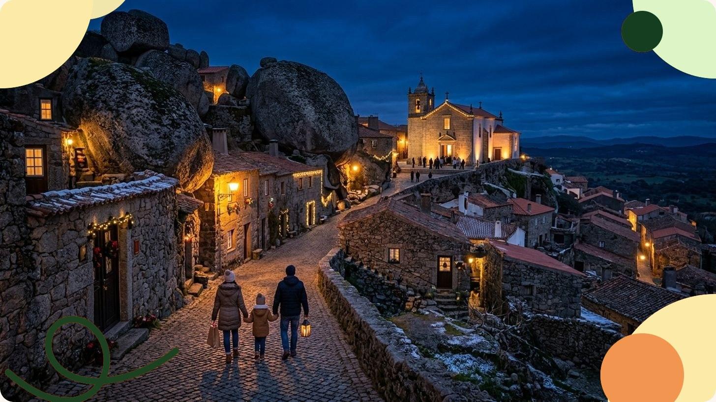 Vue du village de Monsanto au Portugal, maisons construites entre d'immenses blocs de granit sur une colline rocheuse