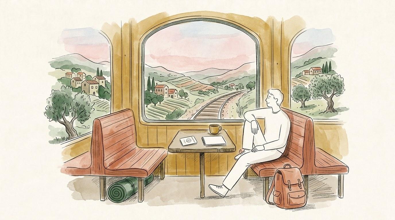 Voyageur assis dans un train en contemplant un paysage montagneux depuis la fenêtre