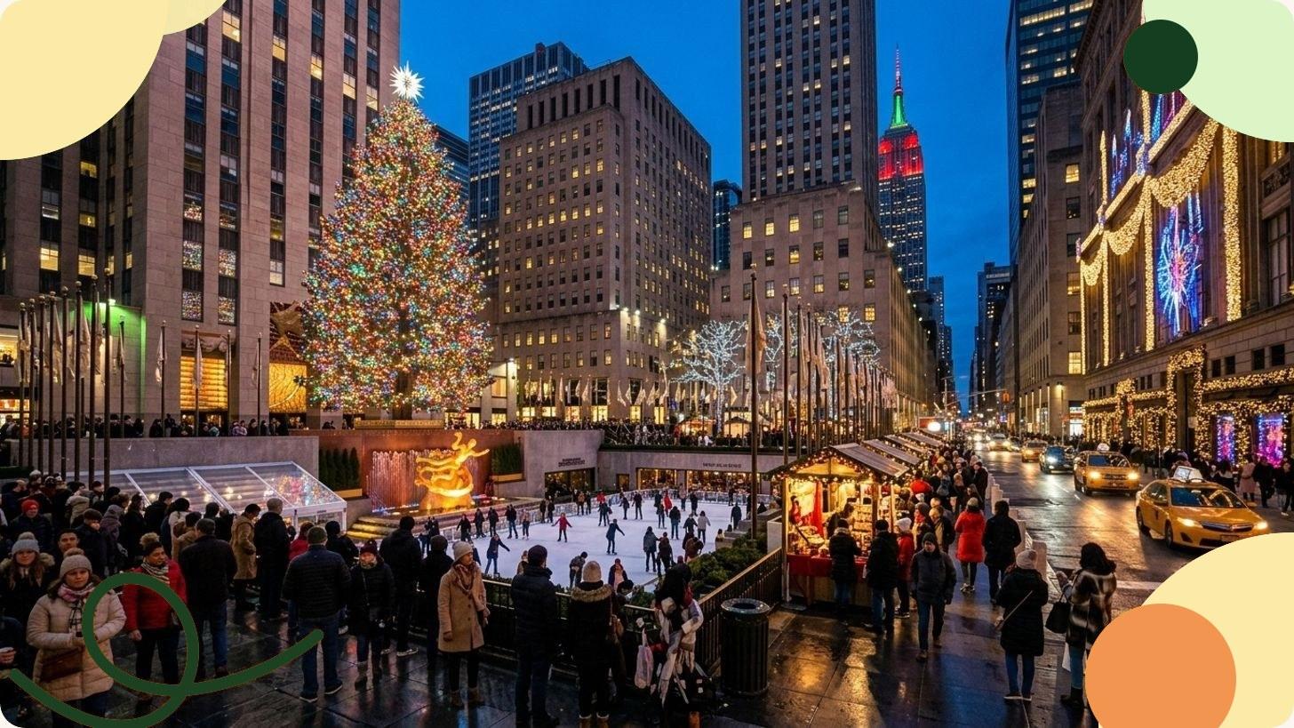 Gigantesques boules rouges de Noël illuminées dans une place entourée de gratte-ciel new-yorkais la nuit
