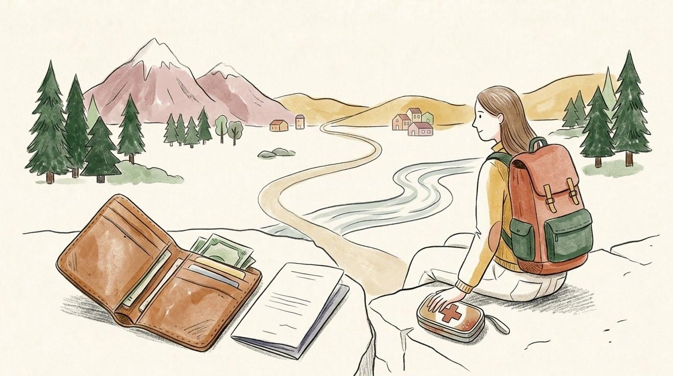 Passeport, carnet de voyage et tirelire posés sur une carte du monde pour préparer le financement d'un tour du monde