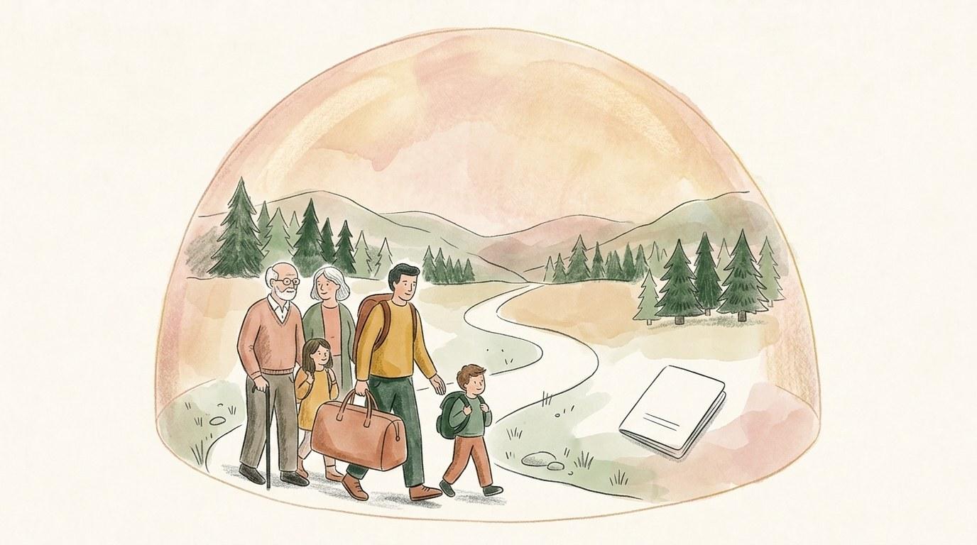 Famille avec enfants dans un aéroport, bagages à la main, prête à embarquer pour un voyage à l'étranger