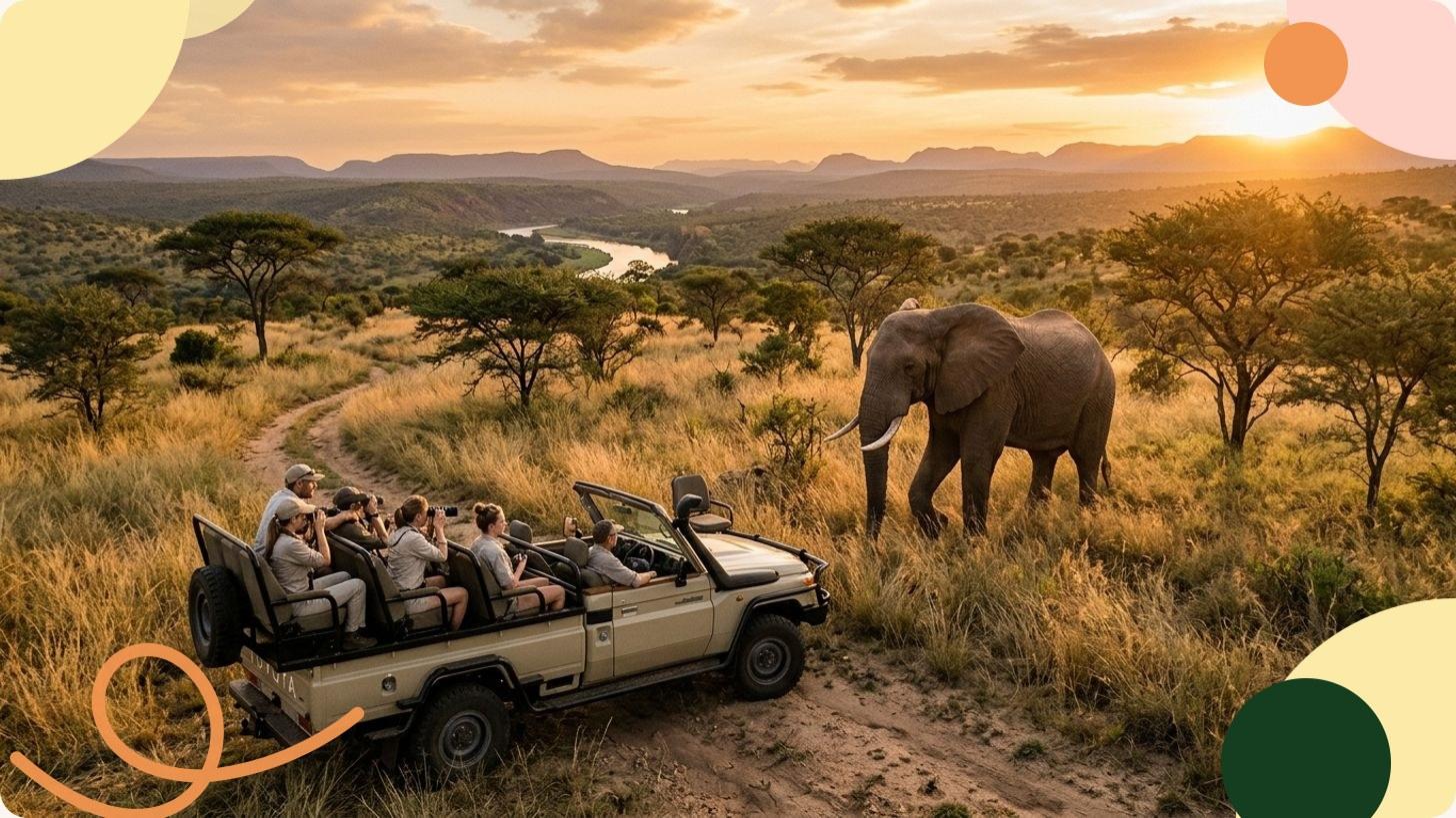 Femme souriante en selfie avec un troupeau d'éléphants à un point d'eau lors d'un safari en savane africaine