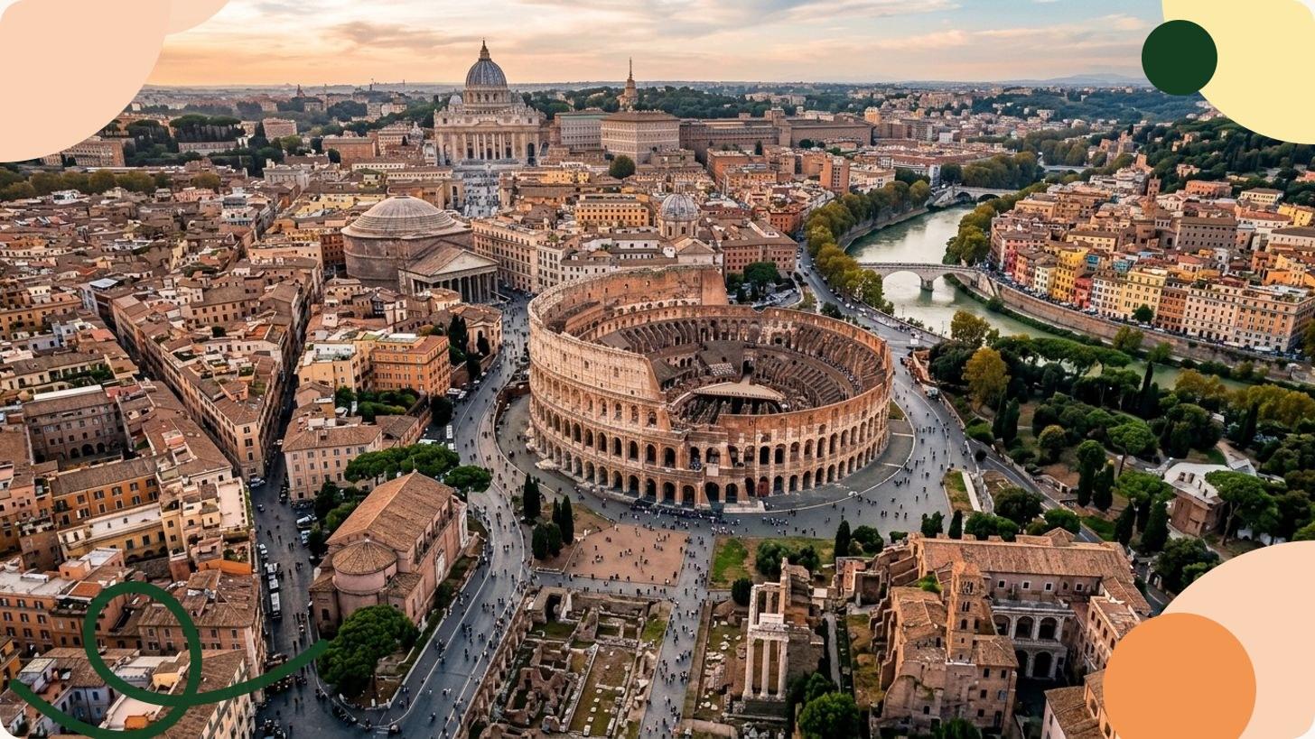 Vista aérea de Roma con el Coliseo en primer plano y el panorama de la ciudad eterna al fondo