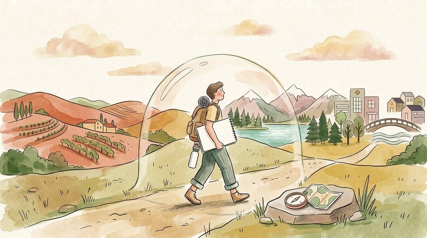 Jeune voyageur avec sac à dos devant un panneau de destination, prêt à partir en PVT