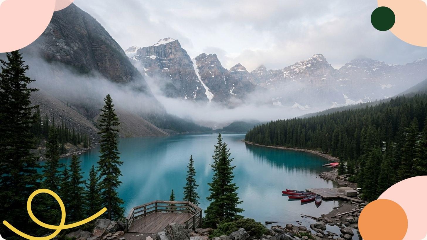 Lac turquoise entouré de montagnes enneigées et de forêts de conifères dans les Rocheuses canadiennes