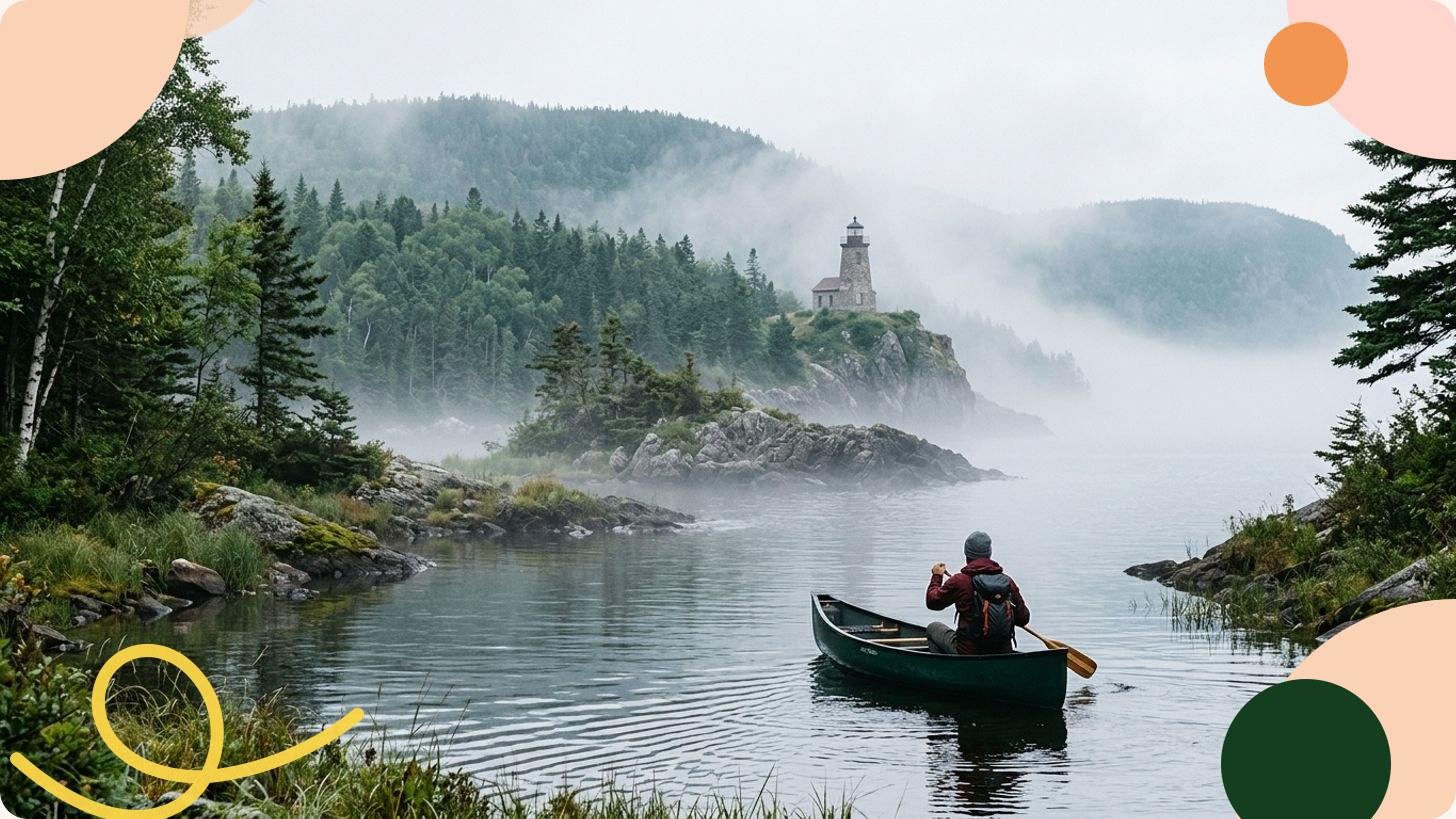 Canoë sur un lac tranquille entouré de forêts boréales au Québec, reflet des arbres dans l'eau calme