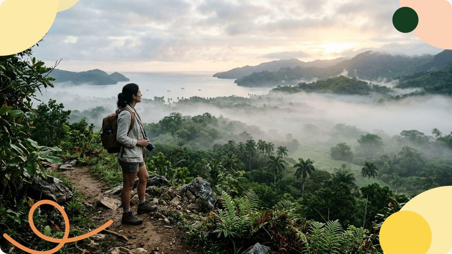 Randonneuse contemplant une baie tropicale émergeant de la brume matinale, entre jungle, palmiers et collines verdoyantes