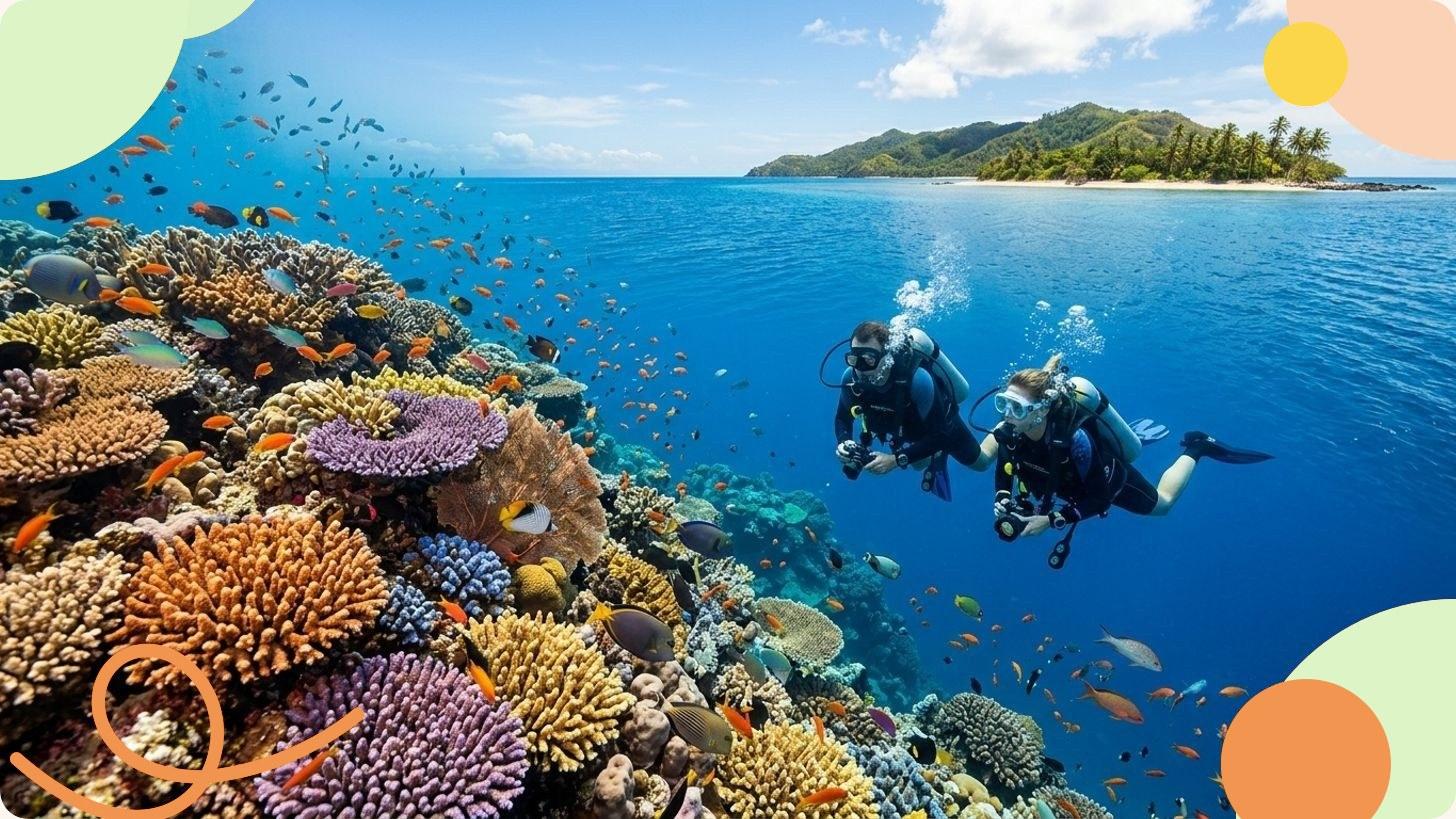 Plongeur explorant un récif corallien tropical coloré sous des eaux turquoise cristallines