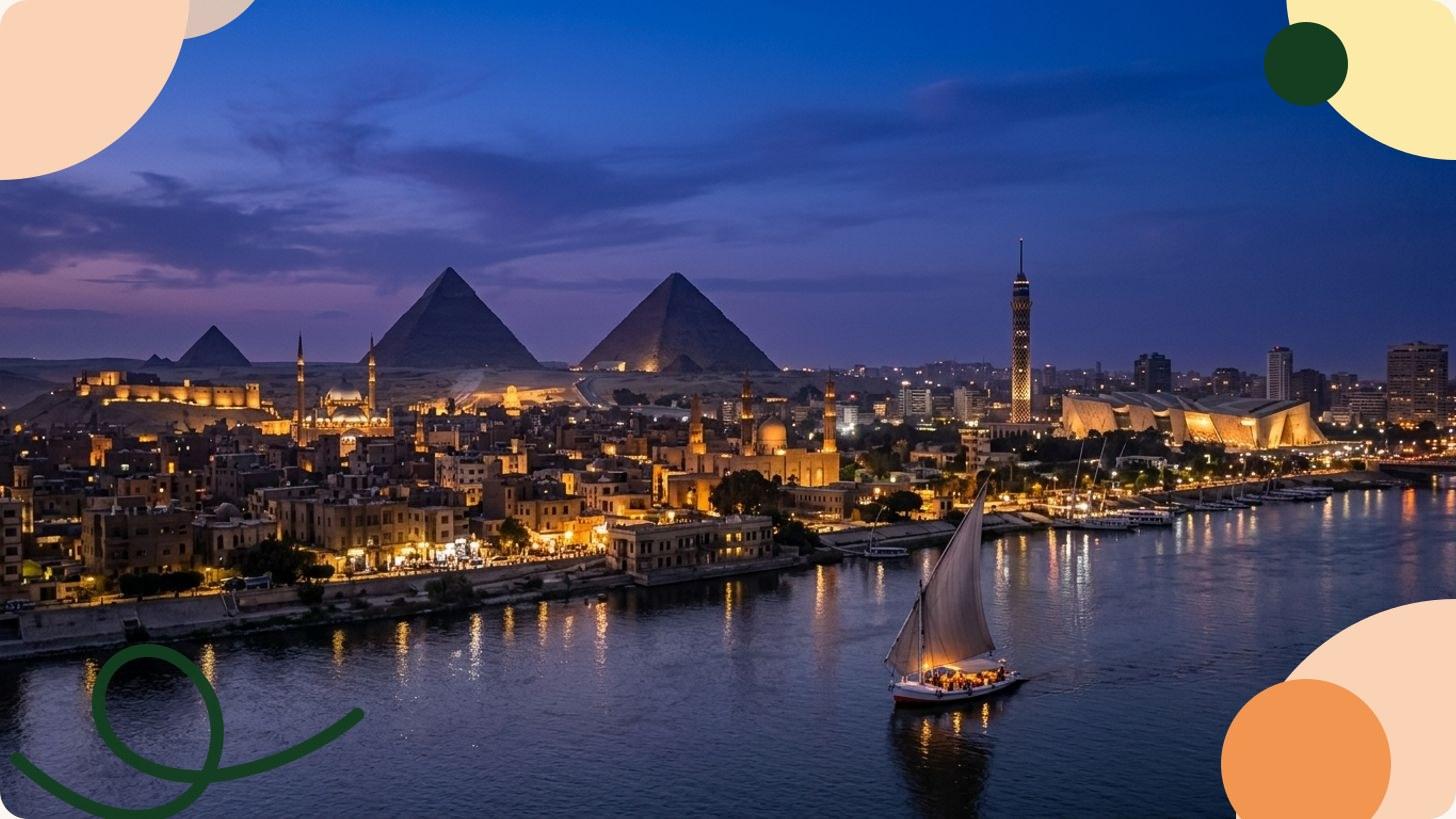 Skyline du Caire au coucher du soleil, avec minarets, dômes de mosquées et le Nil en contrebas
