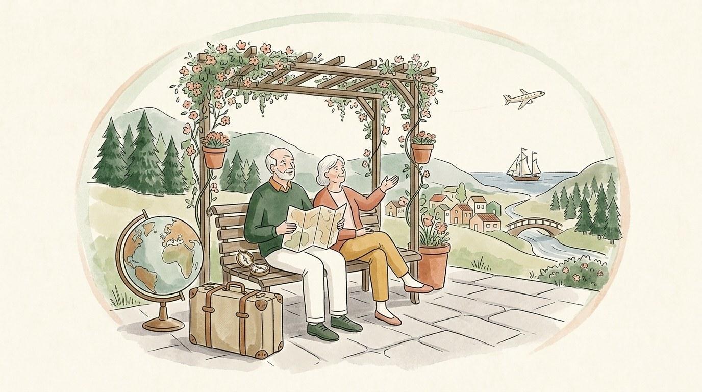 Seniorenpaar lächelt am Flughafen mit seinem Gepäck und freut sich auf eine entspannte Auslandsreise