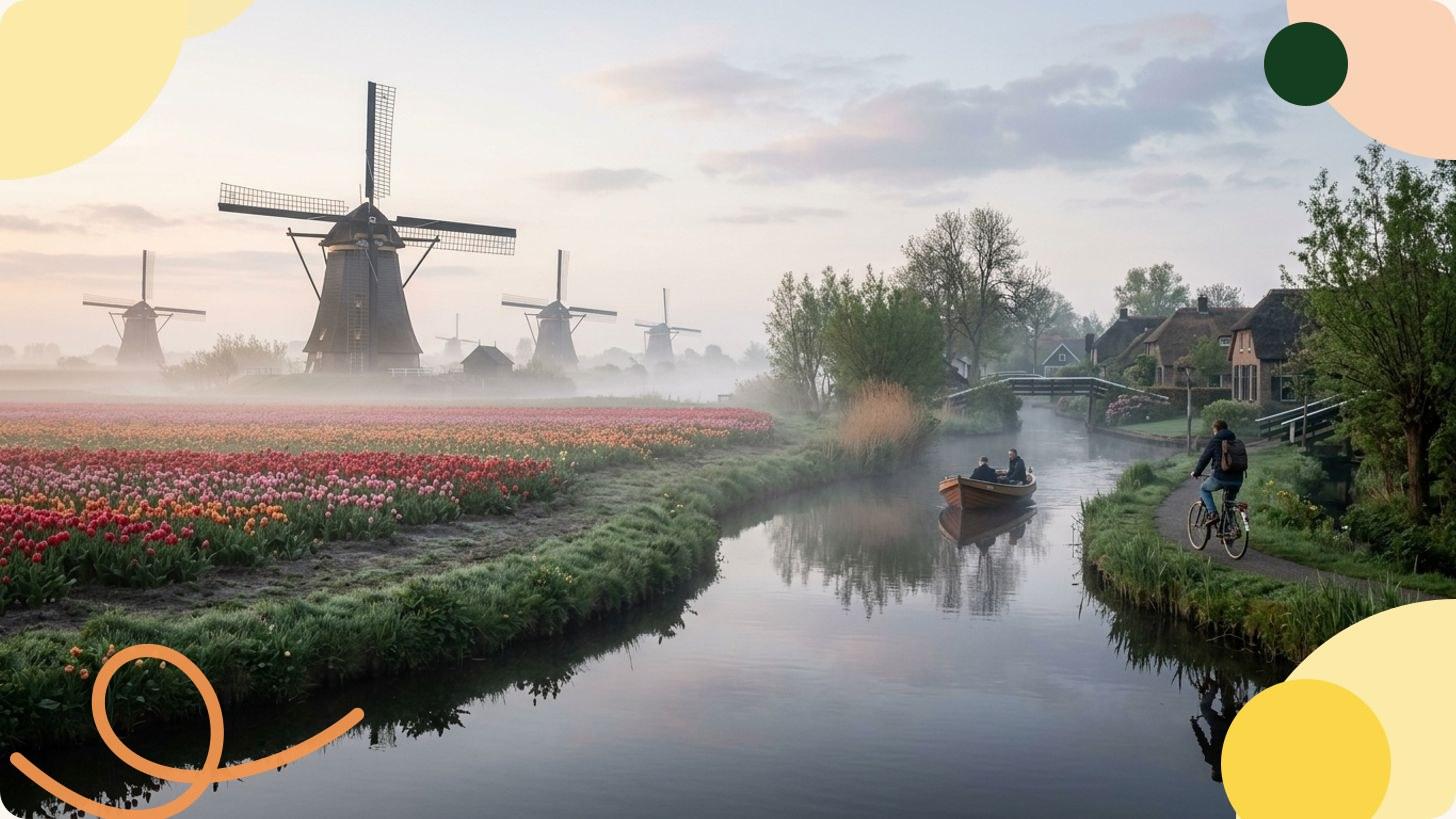 Amsterdamer Gracht mit bunten Häusern aus dem 17. Jahrhundert, geparkten Fahrrädern und Booten unter sonnigem Himmel