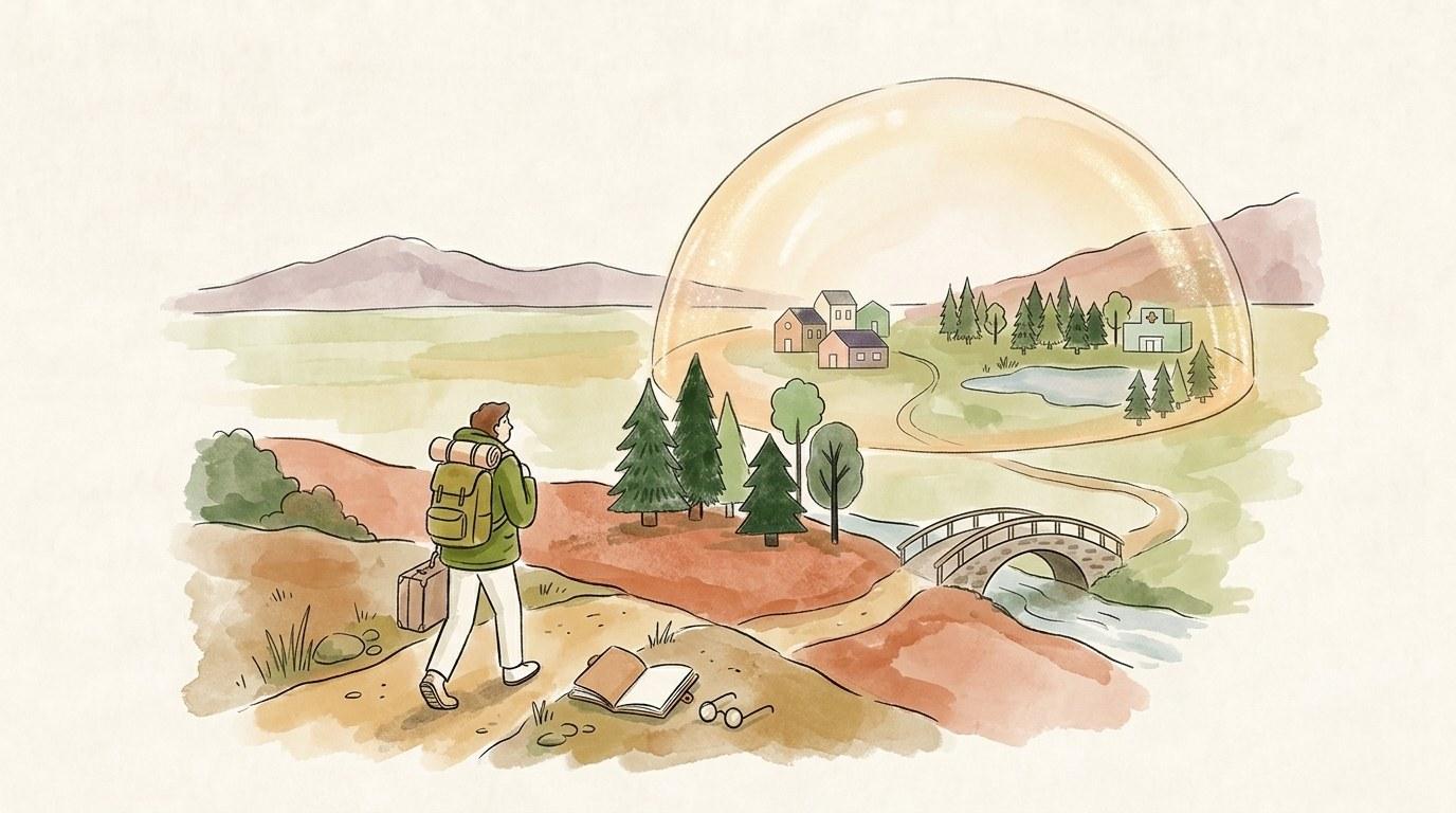 Voyageur avec sac à dos devant une carte du monde, en train de préparer son tour du monde