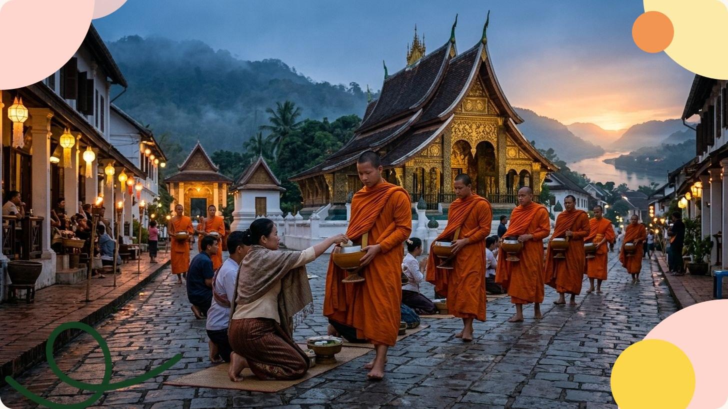 Moines bouddhistes marchant devant un temple doré à Luang Prabang au lever du soleil, Laos