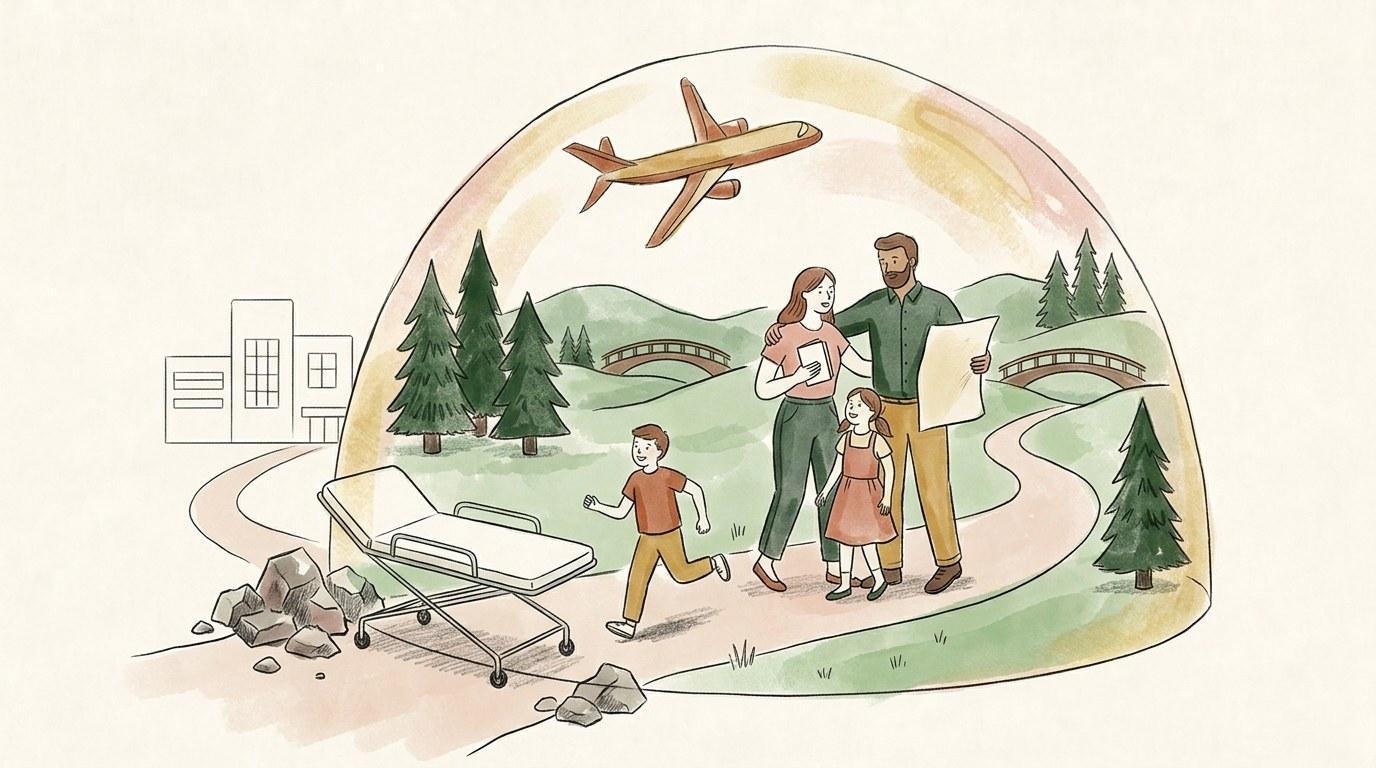 Voyageur consultant ses documents d'assurance avant de partir à l'aéroport