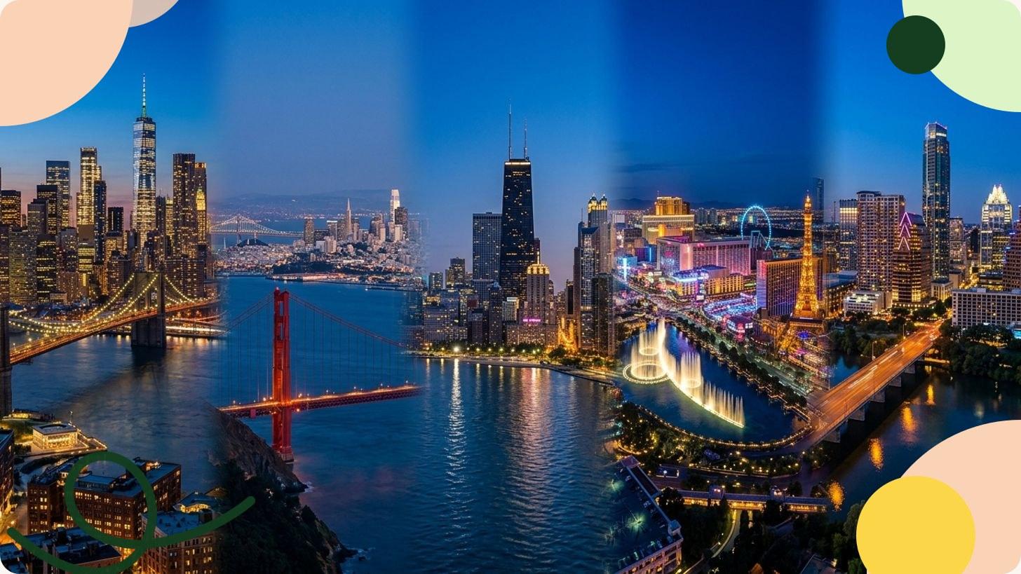 Luftaufnahme einer amerikanischen Großstadt mit ikonischen Wolkenkratzern, Fluss und Waterfront unter klarem Himmel