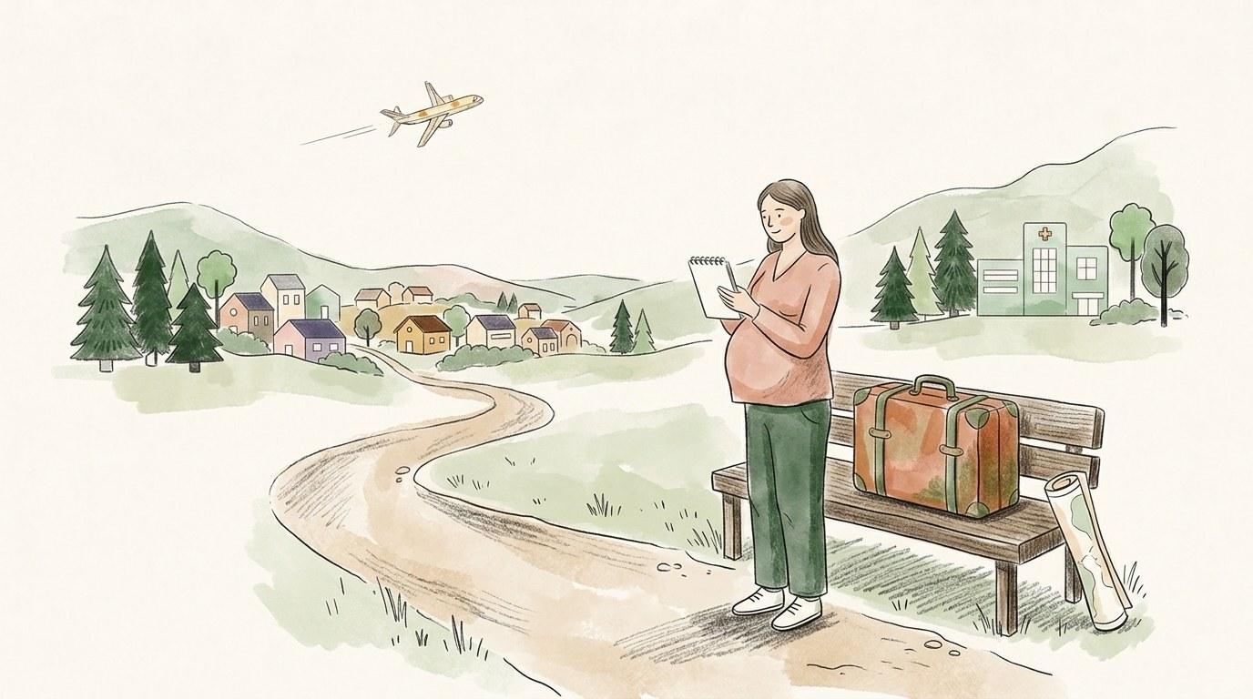 Femme enceinte tenant son ventre, valise de voyage posée à ses côtés dans un aéroport