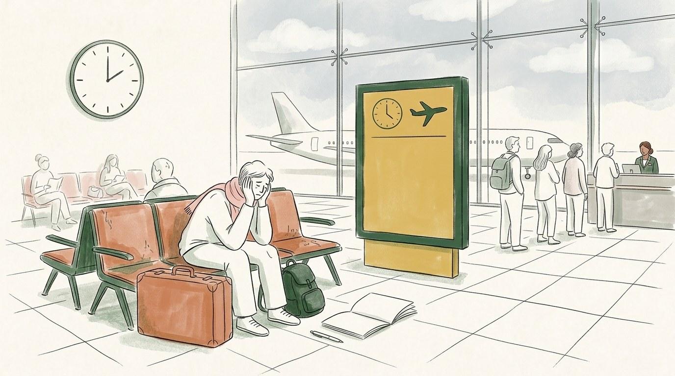 Voyageurs attendant dans un terminal d'aéroport face aux tableaux de départ affichant des retards
