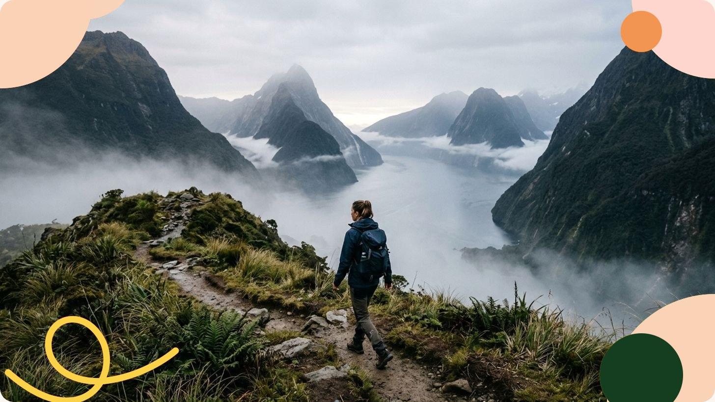 Fjord néo-zélandais aux eaux sombres entouré de montagnes verdoyantes enveloppées de nuages