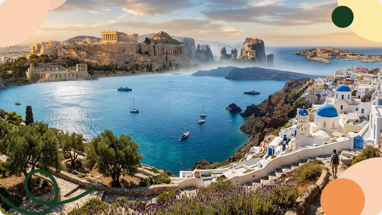 Weißes Dorf mit blauen Kuppeln hoch über der Santorin-Caldera, Ägäisches Meer beim Sonnenuntergang im Hintergrund