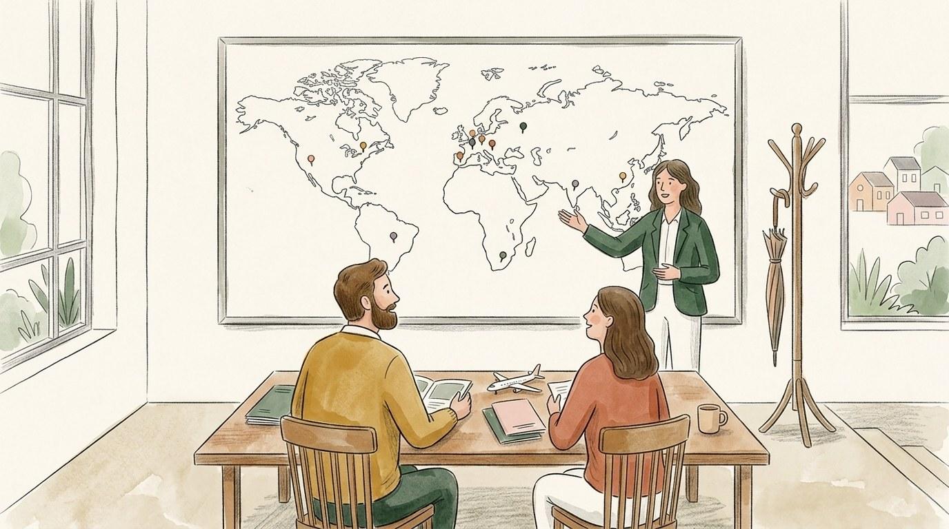 Conseillère d'agence de voyage montrant une carte du monde à un couple de clients