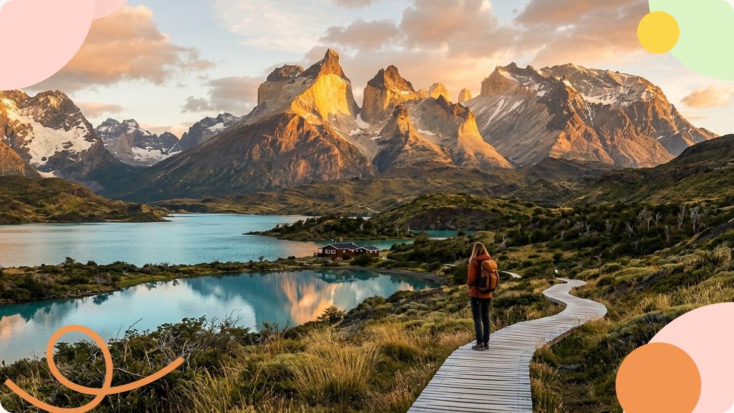 Lac turquoise de Torres del Paine entouré de montagnes enneigées et de végétation verte, Patagonie chilienne