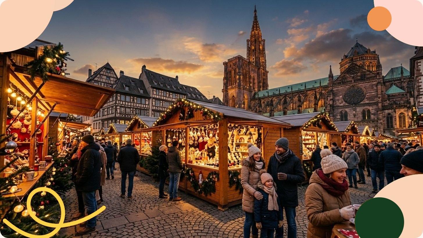 Chalets illuminés d'un marché de Noël européen en soirée, avec guirlandes dorées et figurines festives