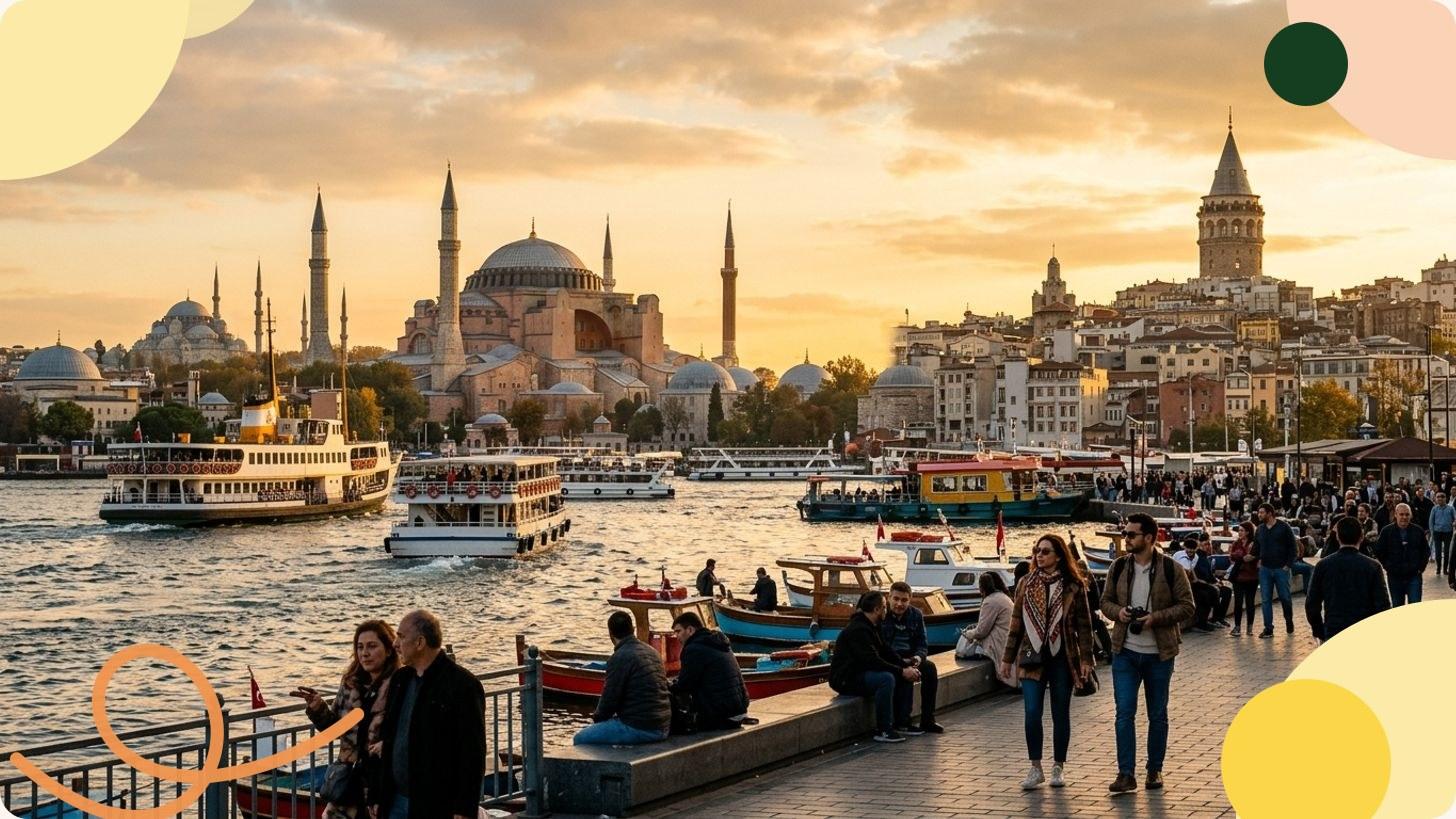 Tramonto sul Bosforo con le sagome delle moschee di Istanbul e uccelli in volo