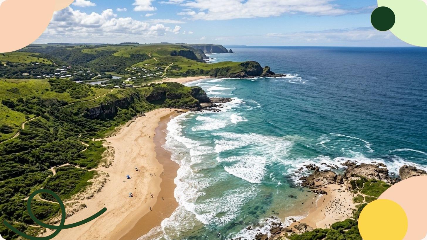 Vue aérienne d'une baie côtière d'Afrique du Sud avec montagnes abruptes, ville littorale et eaux turquoise
