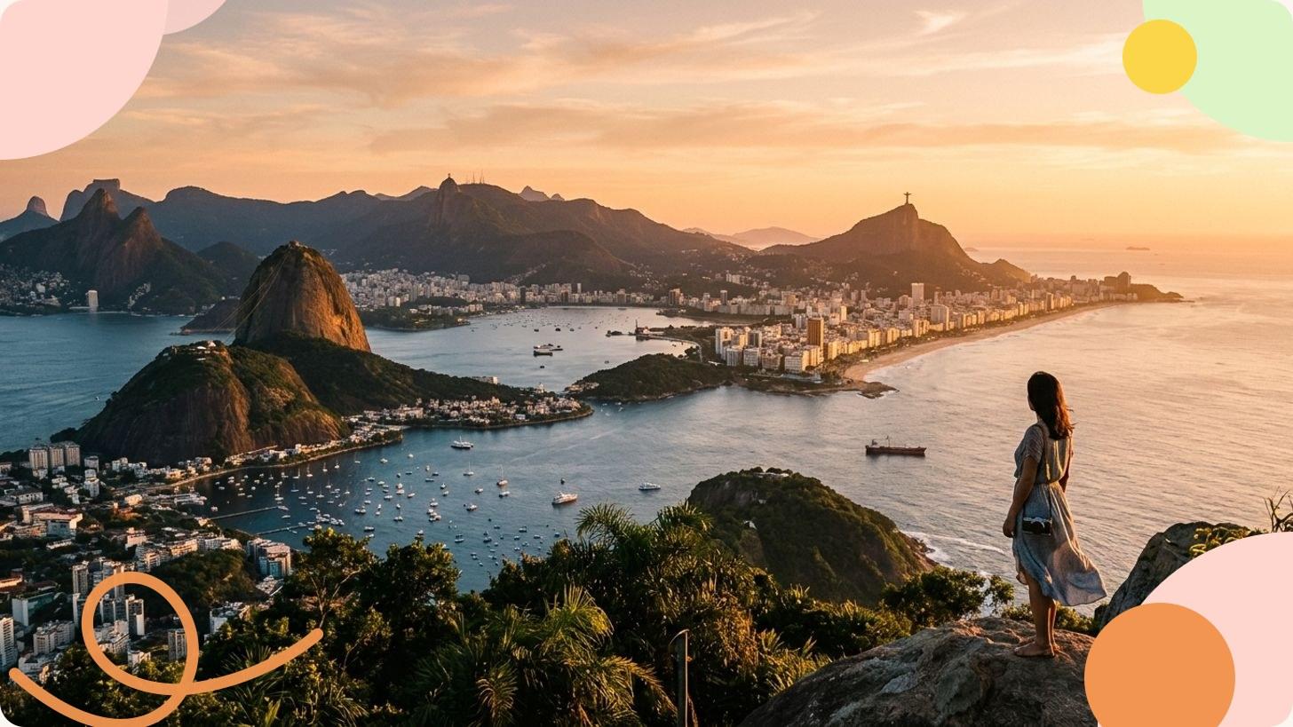 Vue aérienne d'une baie côtière avec un monument iconique sur un pic rocheux dominant une ville étendue et des montagnes verdoyantes au Brésil