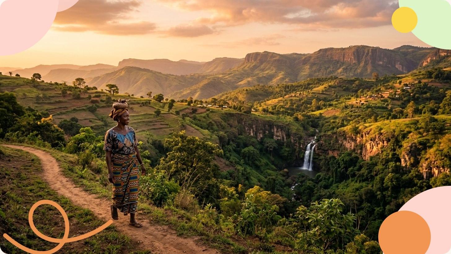 Cascade multi-étages déversant ses eaux blanches dans un bassin émeraude entouré de végétation tropicale luxuriante en Guinée
