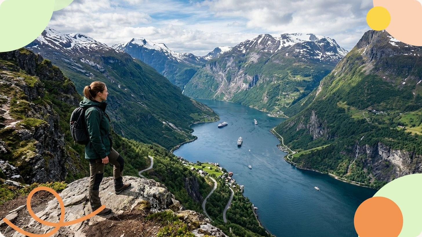 Fischerdorf mit traditionellen roten Häusern am Ufer eines norwegischen Fjords, eingerahmt von steilen Bergen und Nebel