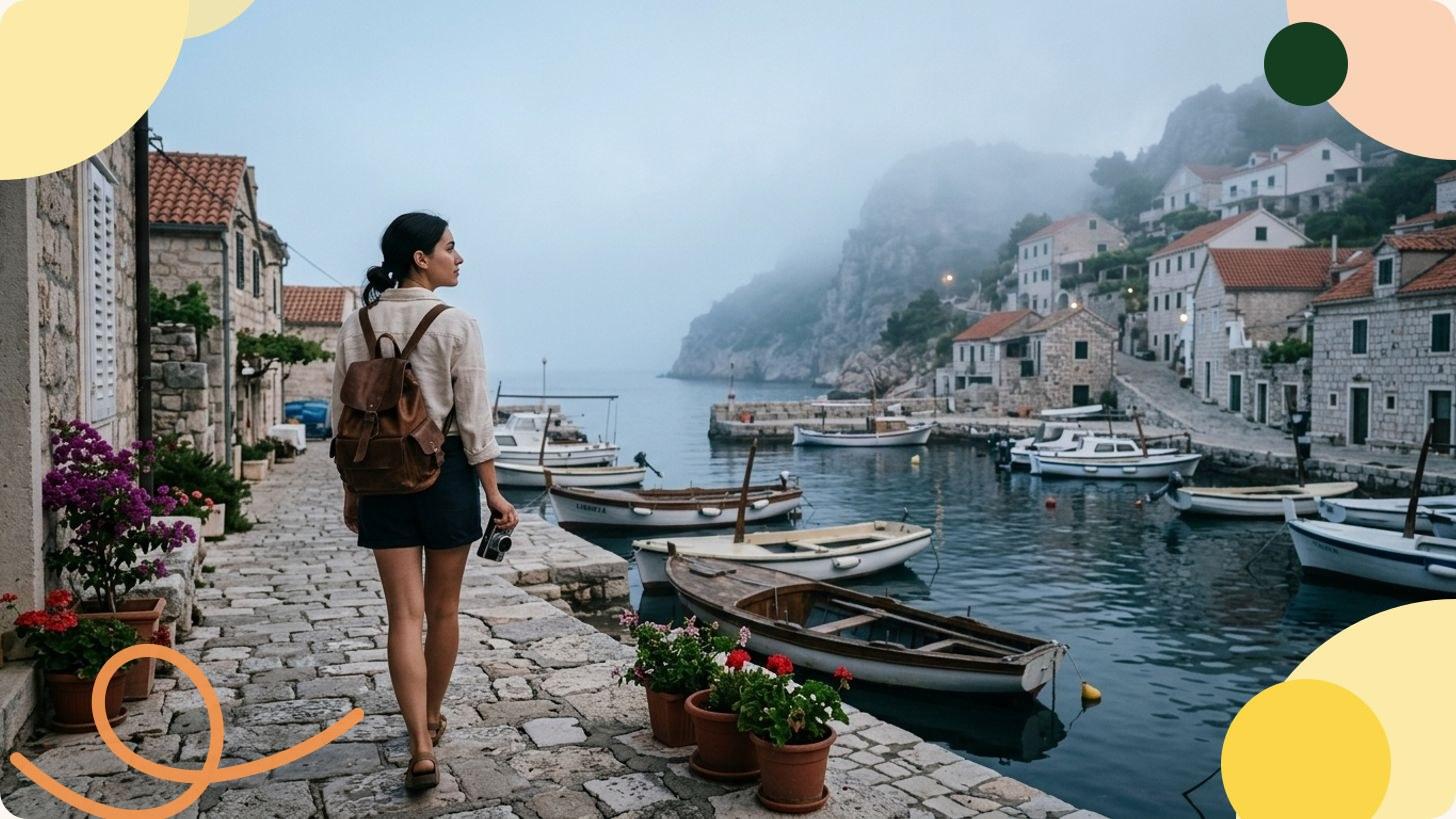 Voyageurs profitant d'une terrasse avec vue sur une baie méditerranéenne lors d'un voyage d'été en Europe