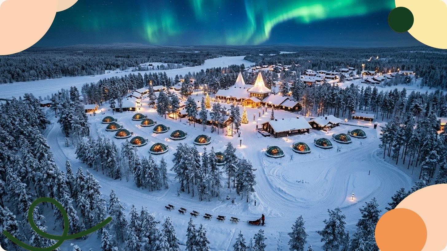 Aurore boréale verte dansant au-dessus d'un lac gelé en Laponie finlandaise, avec rochers et forêt enneigée