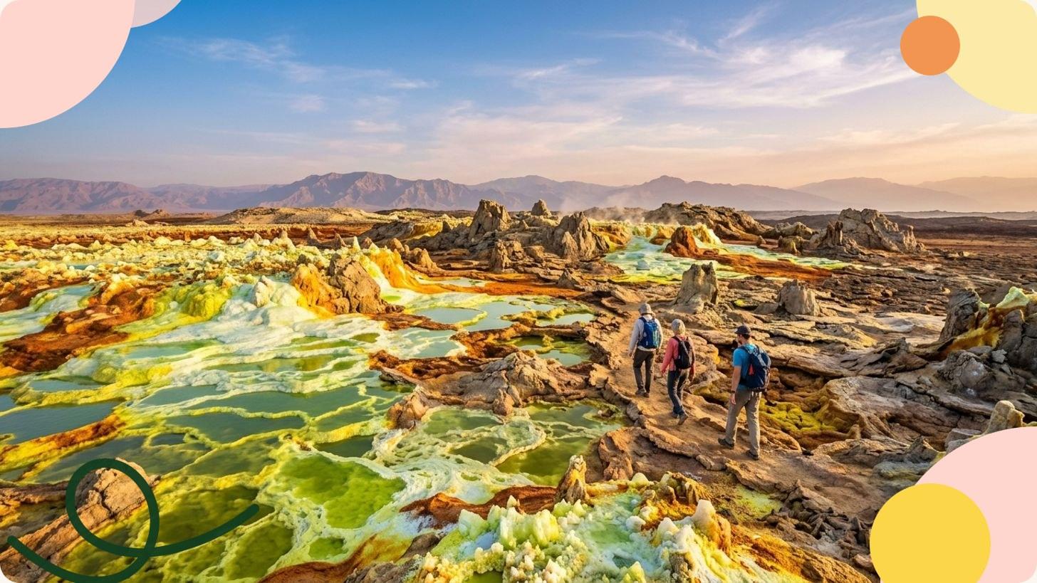 Paysage géologique aux couleurs vives évoquant une autre planète, entre formations minérales et teintes acides