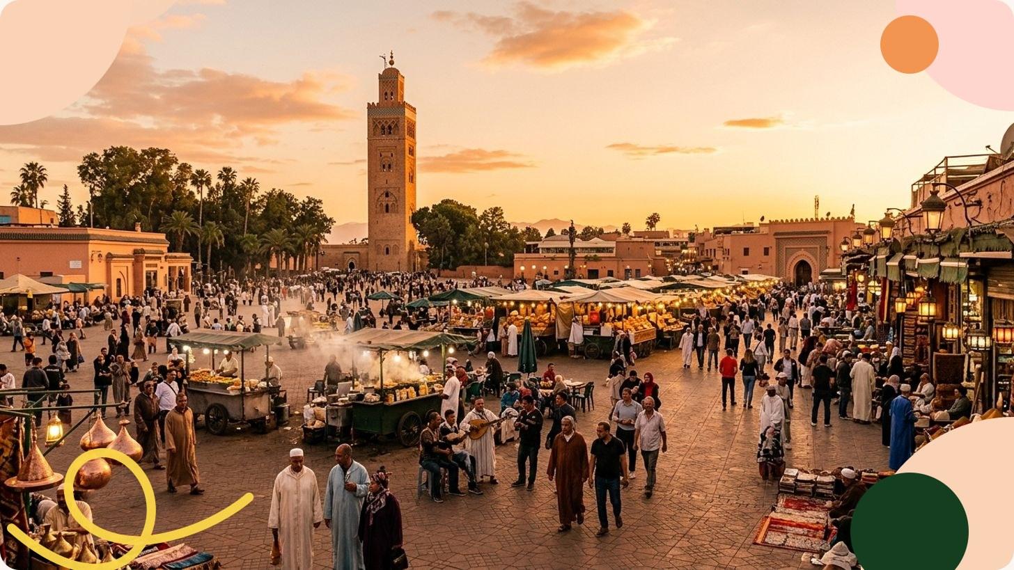 Gran plaza Jemaa el-Fna de Marrakech llena de vida, mezquita y vendedores bajo toldos verdes, turistas entre edificios de color ocre tradicional