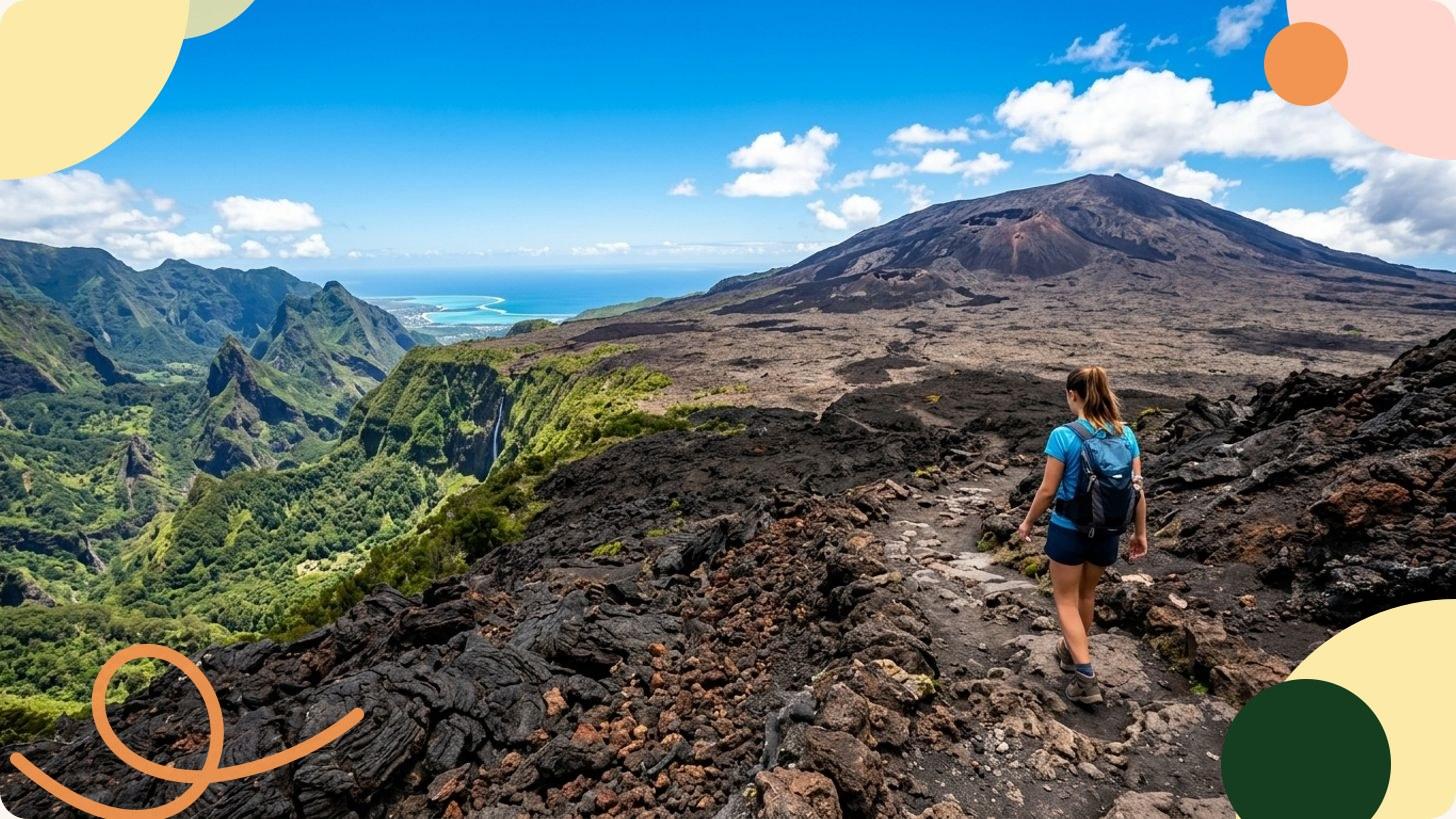 Vue aérienne d'une route côtière serpentant dans une forêt luxuriante avec plage et océan Indien à La Réunion