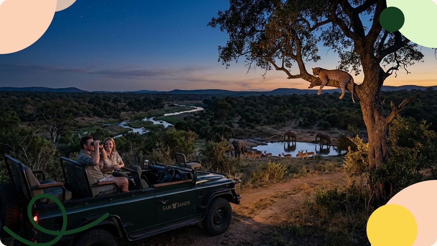 Véhicule de safari au coucher du soleil dans la savane sud-africaine, avec acacia en silhouette et brume dorée sur les eaux