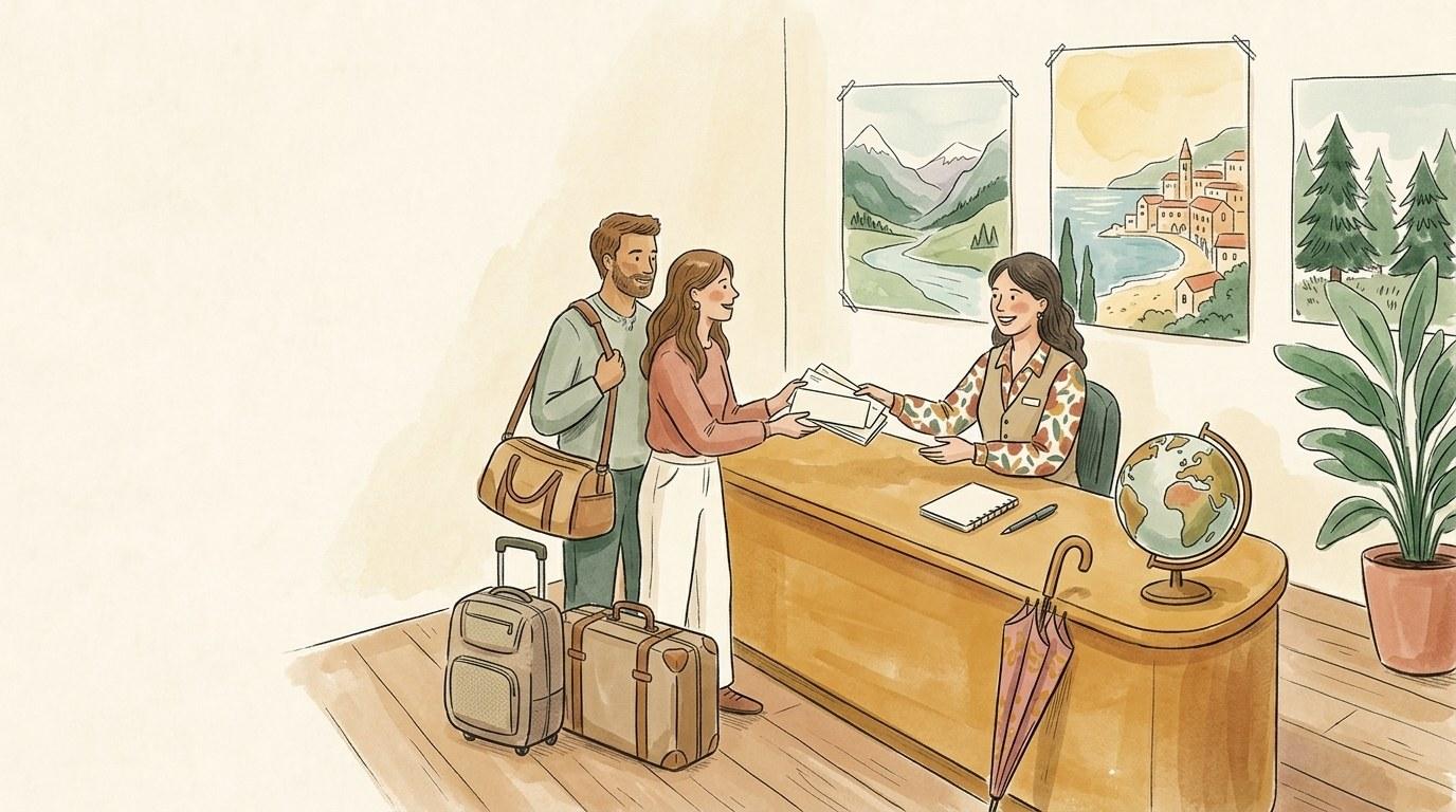 Conseillère d'une agence de voyage présentant une assurance à ses clients