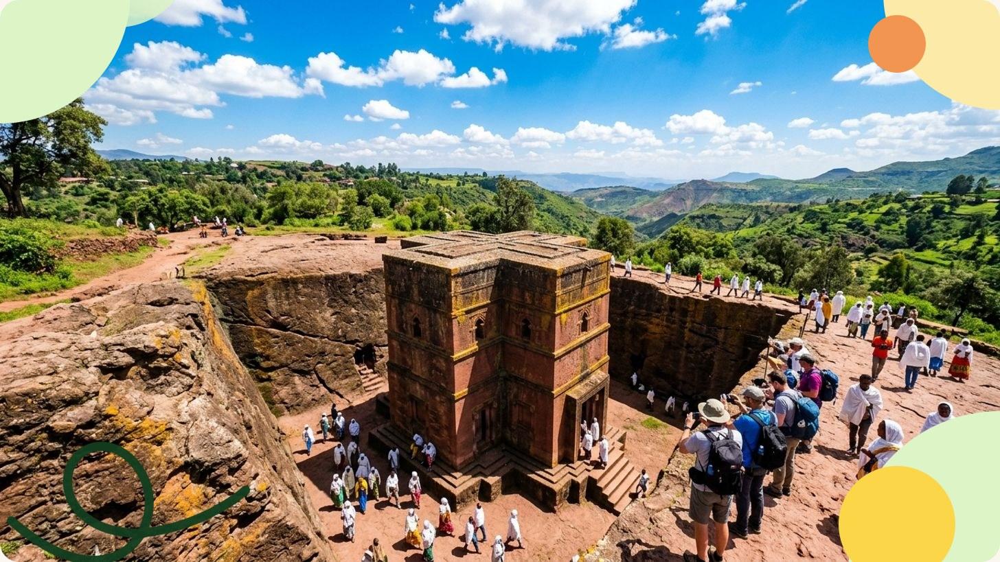 Lush Ethiopian highland plateaus with sheer escarpments, terraced farmland and scattered villages in a misty valley