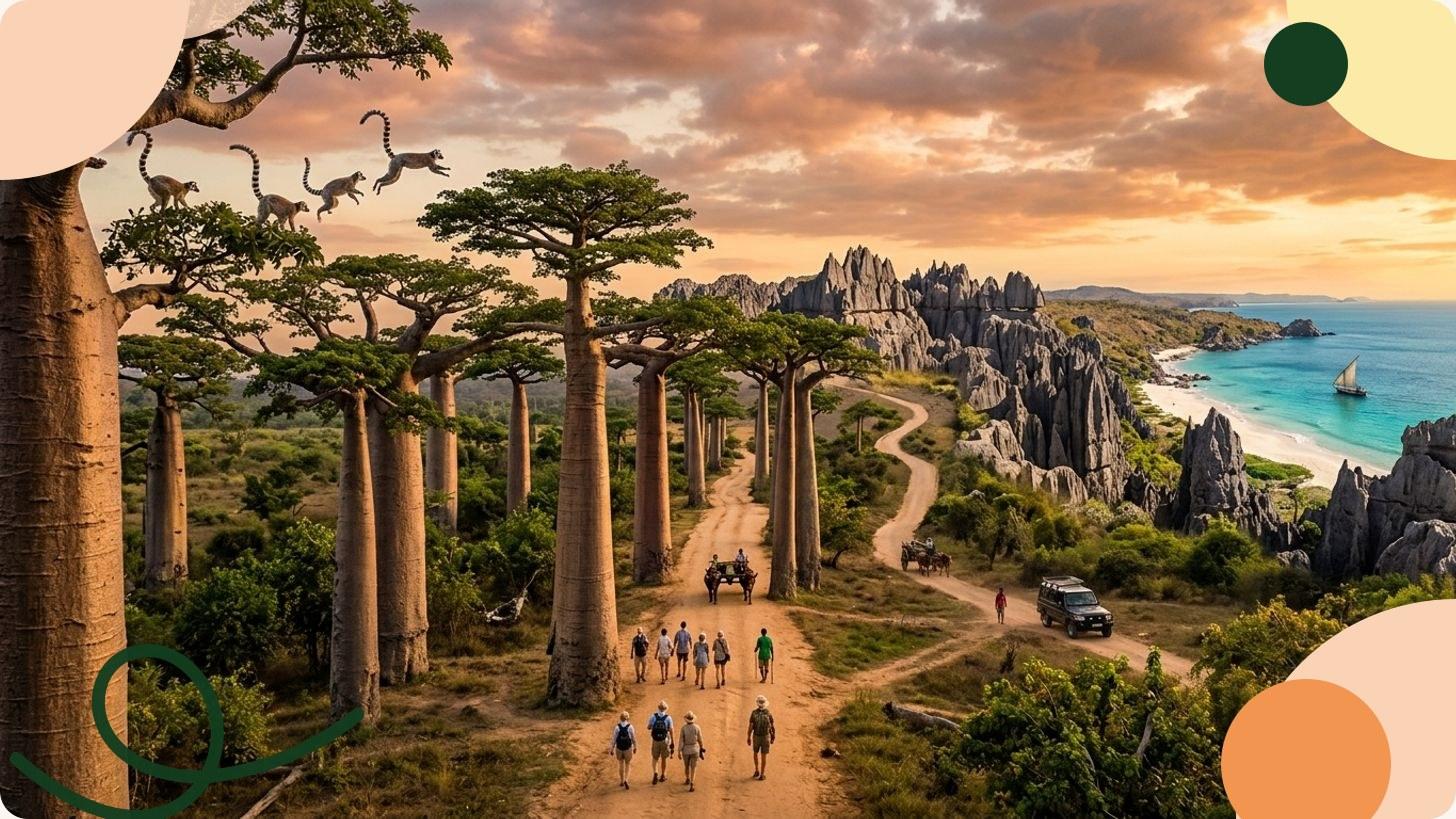Viale di baobab giganti dai tronchi massicci sotto un cielo dorato al tramonto, vicino a Morondava, Madagascar
